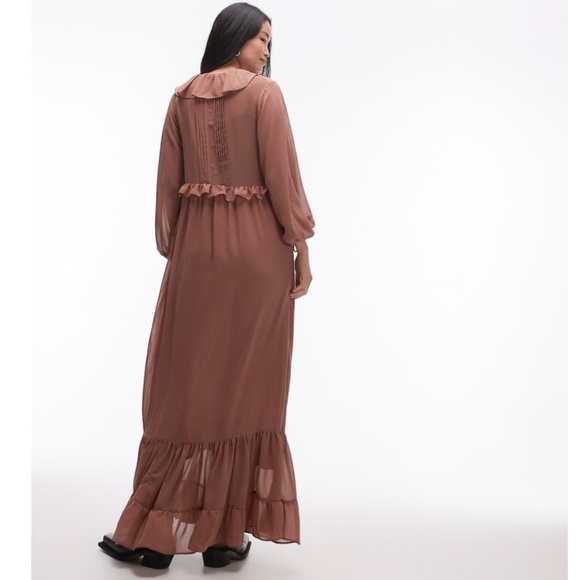 Topshop Long Sleeve Ruffle Layered Maxi Dress Pintuck Detail Spice Womens US 2 - Picture 3 of 7